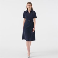 COLLIA Open Collar Short Sleeve Belted Midi Dress_Navy