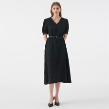 LUCIA Vneck Puff Half Sleeve Belted Dress_Black