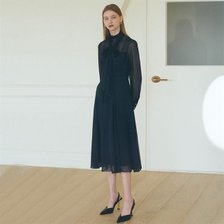 ANASTASIA Mock neck Chiffon Ribbon Tie Flared Dress_Navy