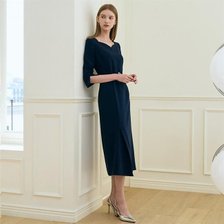 VALENTINA Heart neck Unbalanced Slit Belted Dress_Navy_추가이미지