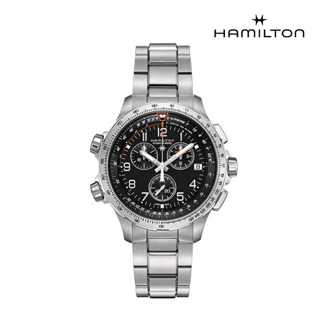 [공식] 해밀턴 H77912135 카키 엑스윈드 GMT 크로노 쿼츠 46mm 블랙 메탈 남성 시계