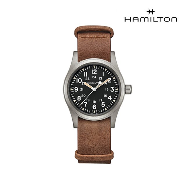 [공식] 해밀턴 H69439531 카키 필드 메커니컬 38mm 블랙 다이얼 브라운 가죽 스트랩 남성 시계 (기계식)