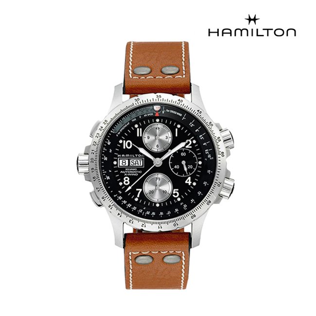 [공식] 해밀턴 H77616533 카키 엑스윈드 오토크로노 44mm 블랙 가죽 남성 시계