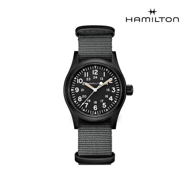 [공식]해밀턴 H69409930 카키 필드 메커니컬 38mm PVD 블랙 다이얼 그레이 나토 스트랩 남성 시계 (기계식)