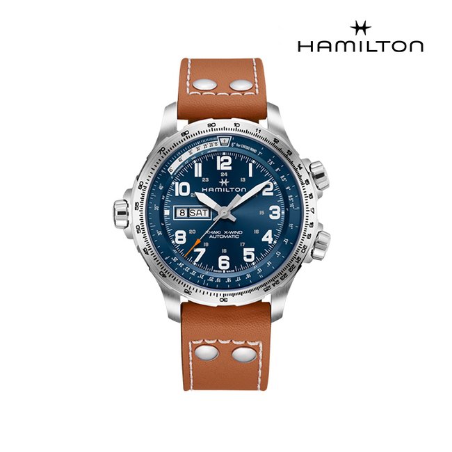 [공식] 해밀턴 H77765541 카키 에비에이션 X-Wind 데이 데이트 오토 45mm 블루 다이얼 브라운 가죽 남성 시계