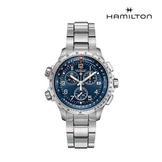 [공식] 해밀턴 H77922141 카키 에비에이션 X-Wind GMT 크로노 쿼츠 46mm 블루 다이얼 브레이슬릿 남성 시계