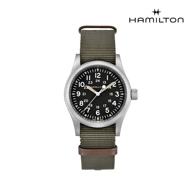 [공식]해밀턴 H69439931 카키 필드 메카니컬 38mm 다크 다이얼 카키 나토 스트랩 남성 시계