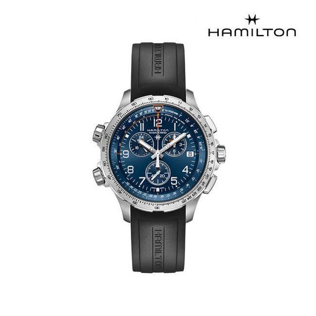 [공식] 해밀턴 H77922341 카키 에비에이션 X-Wind GMT 크로노 쿼츠 46mm 블루 다이얼 블랙 러버 남성 시계