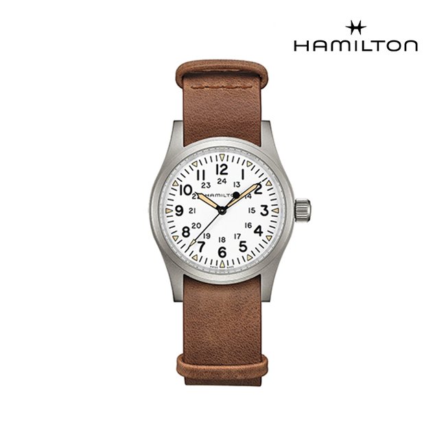 [공식] 해밀턴 H69439511 카키 필드 메커니컬 38mm 화이트 다이얼 브라운 가죽 스트랩 남성 시계 (기계식)