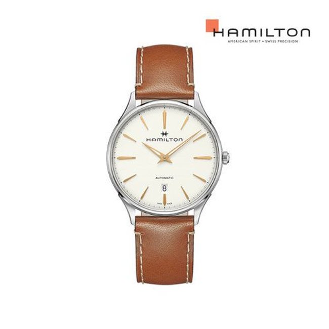 [공식] 해밀턴 H38525512 재즈마스터 씬라인 오토 화이트 다이얼 브라운 스트랩 남성 시계