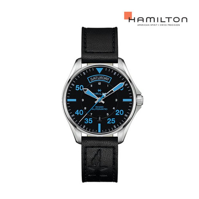 [공식]해밀턴 H64625731 에어 체르마트 에디션 카키 파일럿 데이 데이트 오토 42mm 블랙 가죽 남성 시계