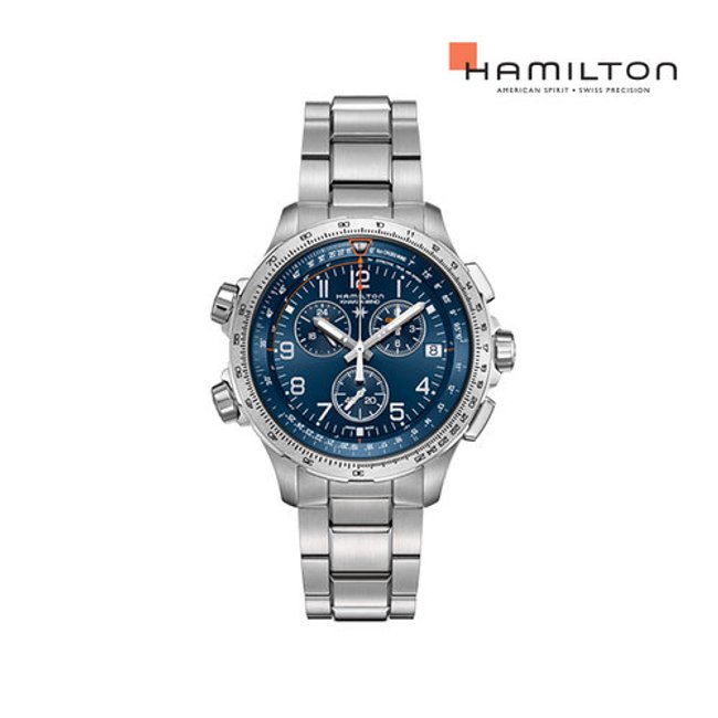 [공식] 해밀턴 H77922141 카키 에비에이션 X-Wind GMT 크로노 쿼츠 46mm 블루 다이얼 브레이슬릿 남성 시계